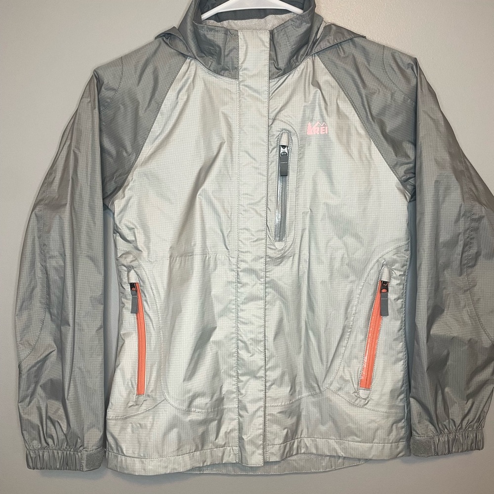 REI Kids Two-Tone Gray Rain Jacket with Coral Zippers